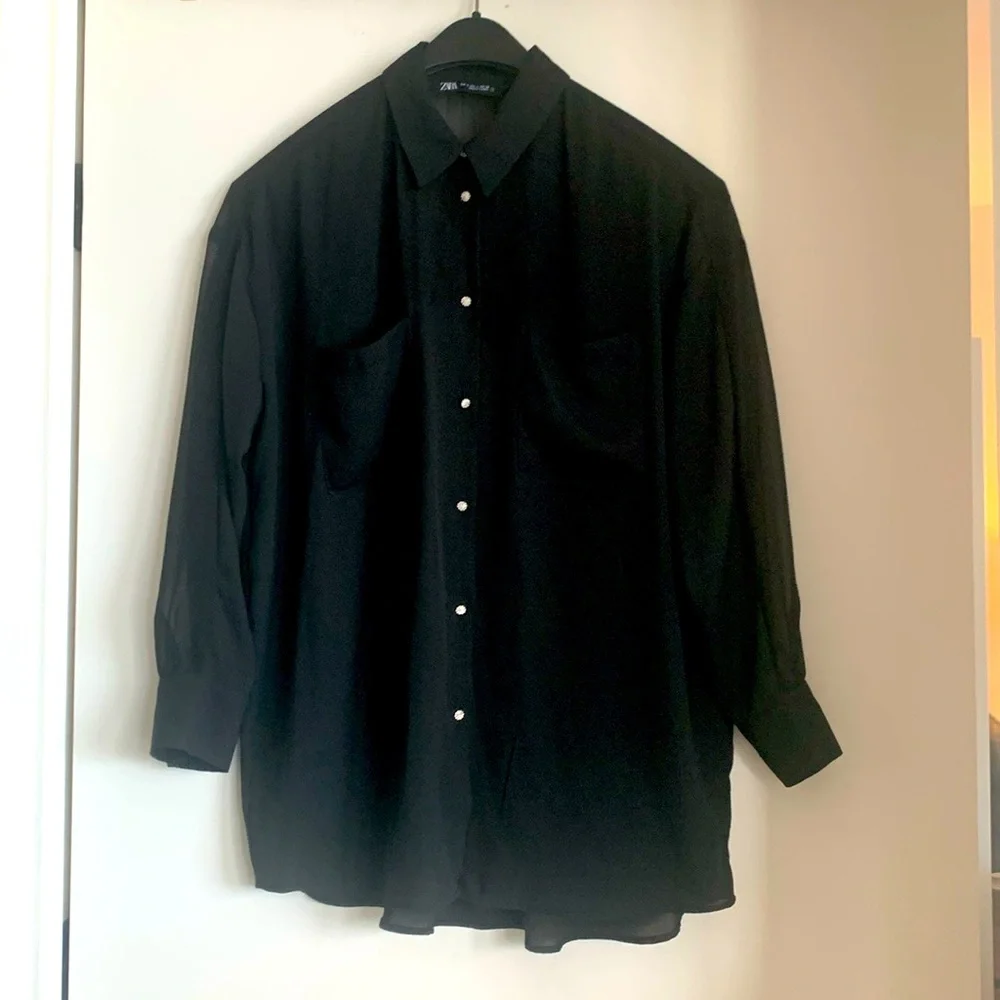 Zara black button down top with rhinestone buttons - Picture 2 of 7